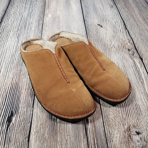 UGG Shoes - UGG slip on tan suede mules shearling lined size 9